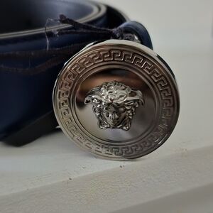 Versace Silver and Blue Medusa Buckle Belt